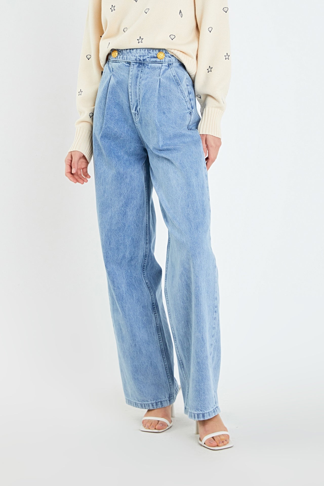 Gold Buttons High Waisted Denim Pants (Denim, Off White) – voglio.us