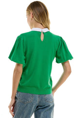 Contrast Collar Sweater Top (Black, Kelly Green)