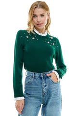 Embellished Ruffle Sweater (Grey, Green)