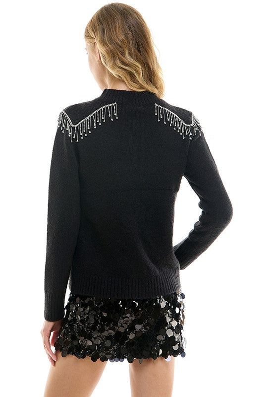 Black Shoulder Embellished Sweater
