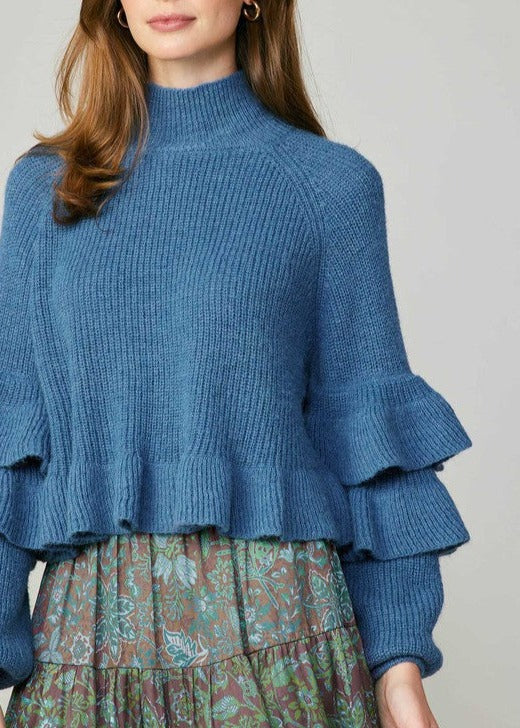 Long Sleeve Mock Neck Sweater (Blue, Latte)