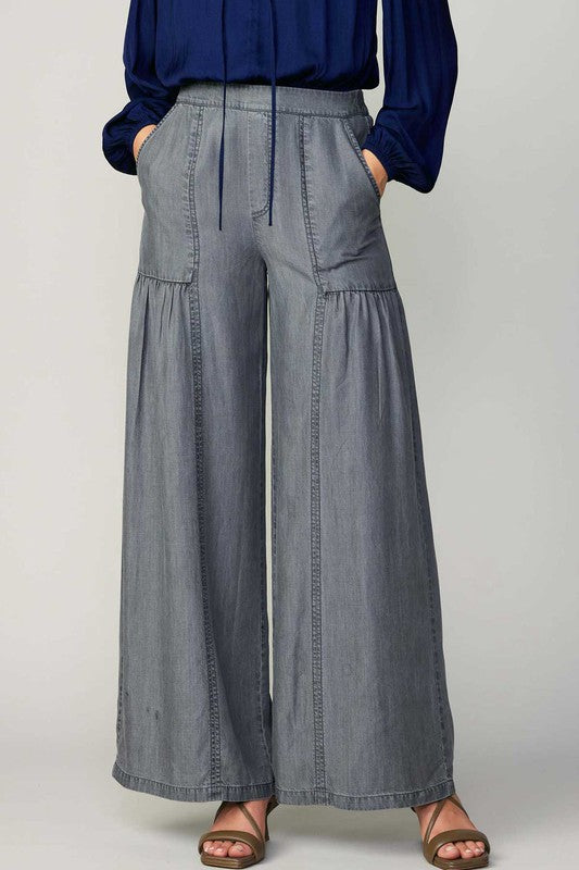 Chambray Tiered Wide Pants