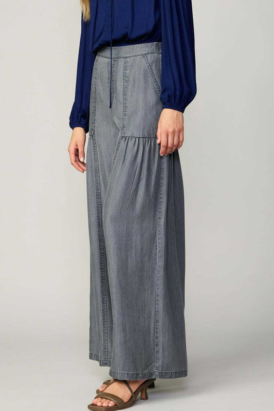 Chambray Tiered Wide Pants