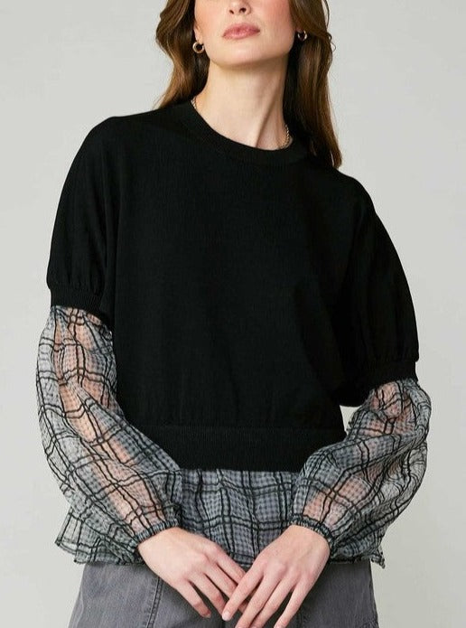 Plaid Woven Mix Sweater Top