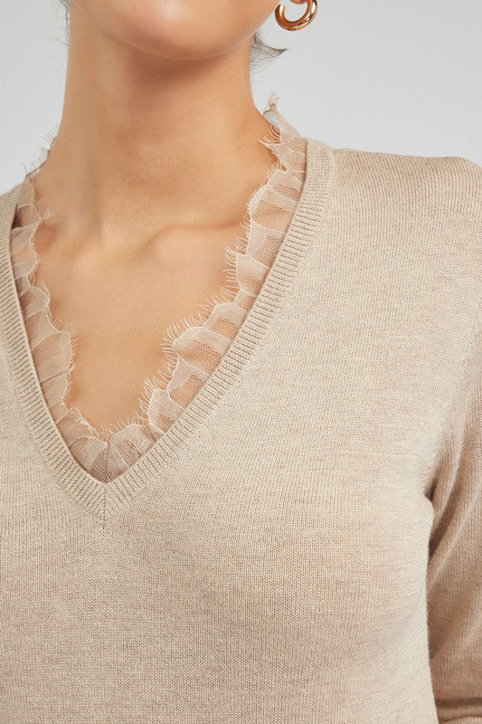Long-Sleeve V-Neck Sweater with Lace Detail (2 Color Ways)