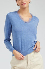 Long-Sleeve V-Neck Sweater with Lace Detail (2 Color Ways)