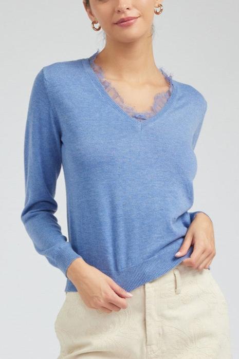 Long-Sleeve V-Neck Sweater with Lace Detail (2 Color Ways)