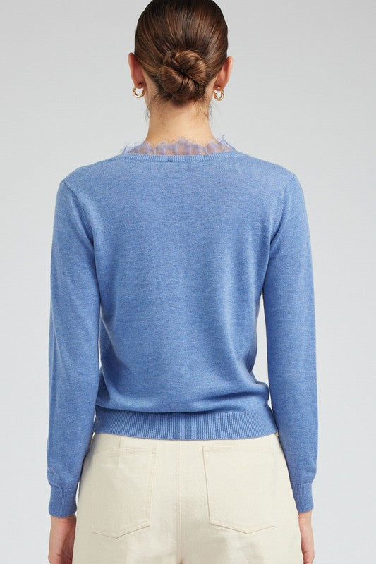 Long-Sleeve V-Neck Sweater with Lace Detail (2 Color Ways)