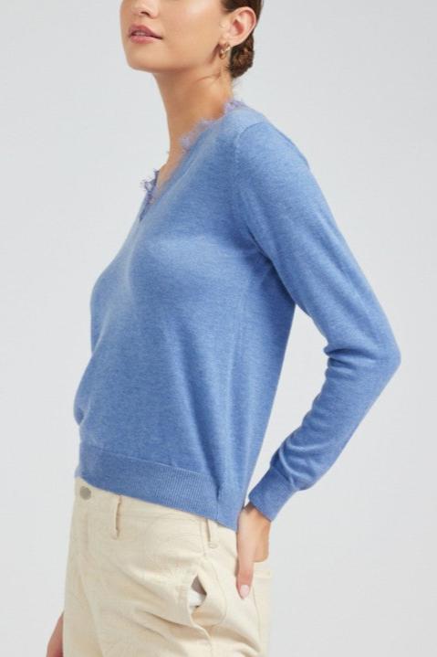 Long-Sleeve V-Neck Sweater with Lace Detail (2 Color Ways)