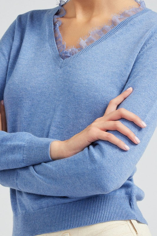 Long-Sleeve V-Neck Sweater with Lace Detail (2 Color Ways)