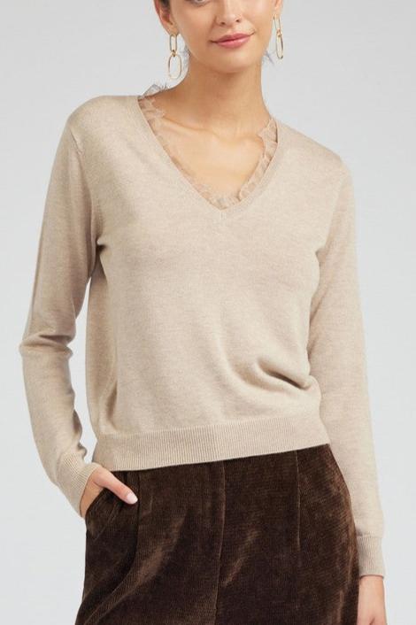 Long-Sleeve V-Neck Sweater with Lace Detail (2 Color Ways)