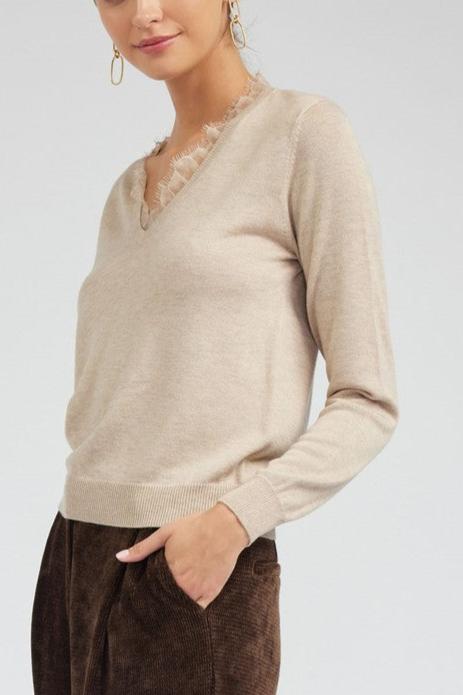 Long-Sleeve V-Neck Sweater with Lace Detail (2 Color Ways)