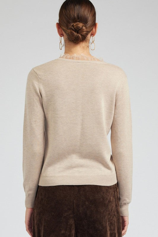 Long-Sleeve V-Neck Sweater with Lace Detail (2 Color Ways)