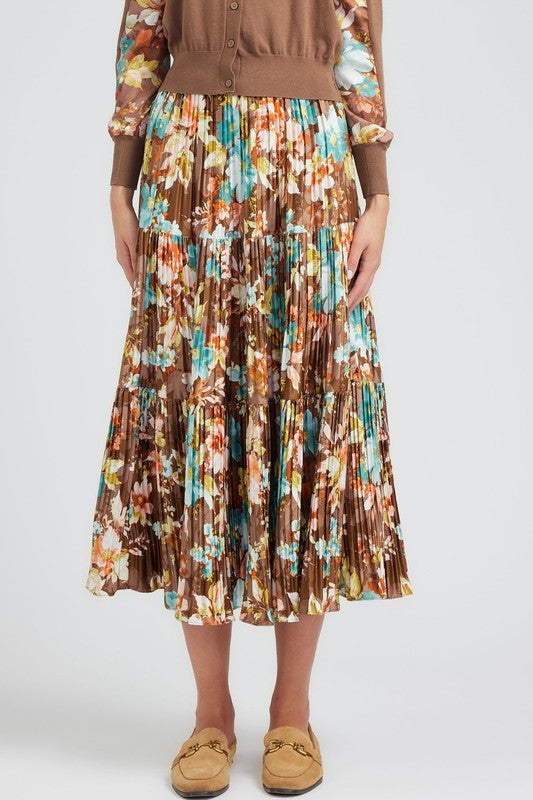 Pleated 3-Tiered Long Skirt in Brown Floral Print