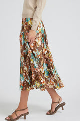 Pleated 3-Tiered Long Skirt in Brown Floral Print