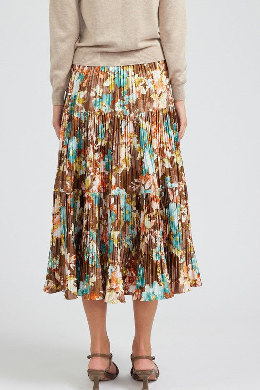 Pleated 3-Tiered Long Skirt in Brown Floral Print