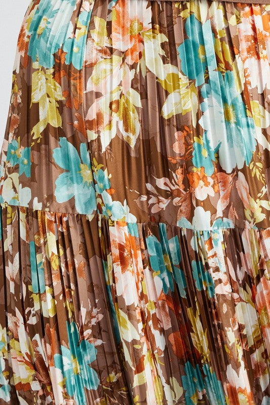 Pleated 3-Tiered Long Skirt in Brown Floral Print