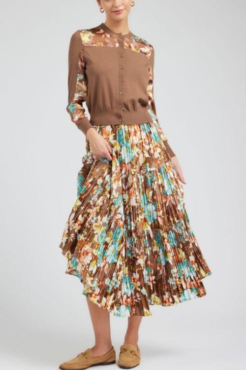 Pleated 3-Tiered Long Skirt in Brown Floral Print
