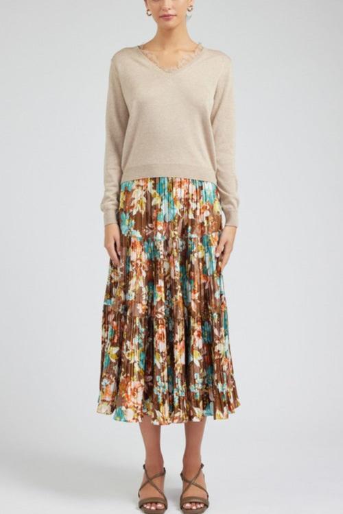 Pleated 3-Tiered Long Skirt in Brown Floral Print