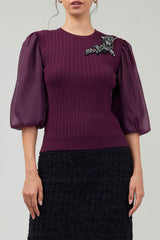 Applique Detail Organza Sleeve Sweater