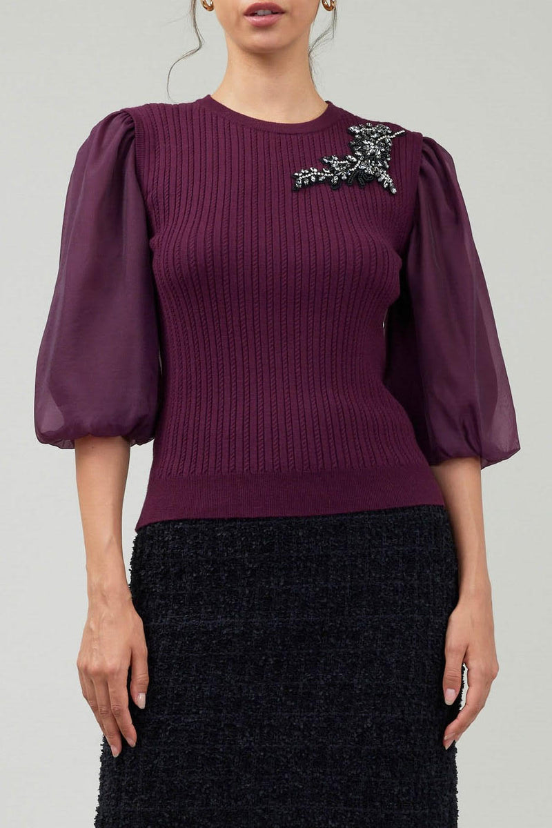 Applique Detail Organza Sleeve Sweater