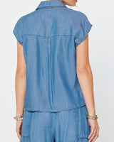 Cap Sleeve Button Down Denim Blouse