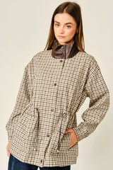 Plaid Faux Leather Mock Neck Detail Jacket