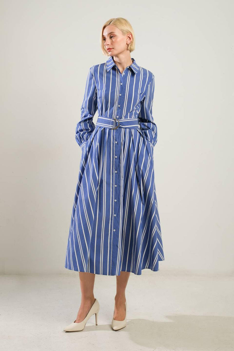 PETAL POWER MIDI SHIRT DRESS L FREEMARKET BLUE/WHITE/GOLD / L