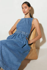 Open Back Belted Denim Midi Dress
