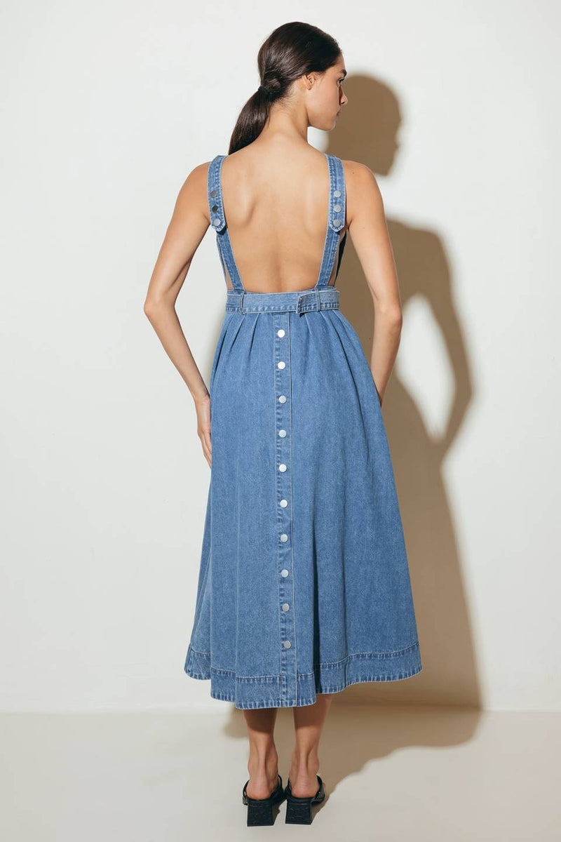 Open Back Belted Denim Midi Dress