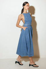 Open Back Belted Denim Midi Dress