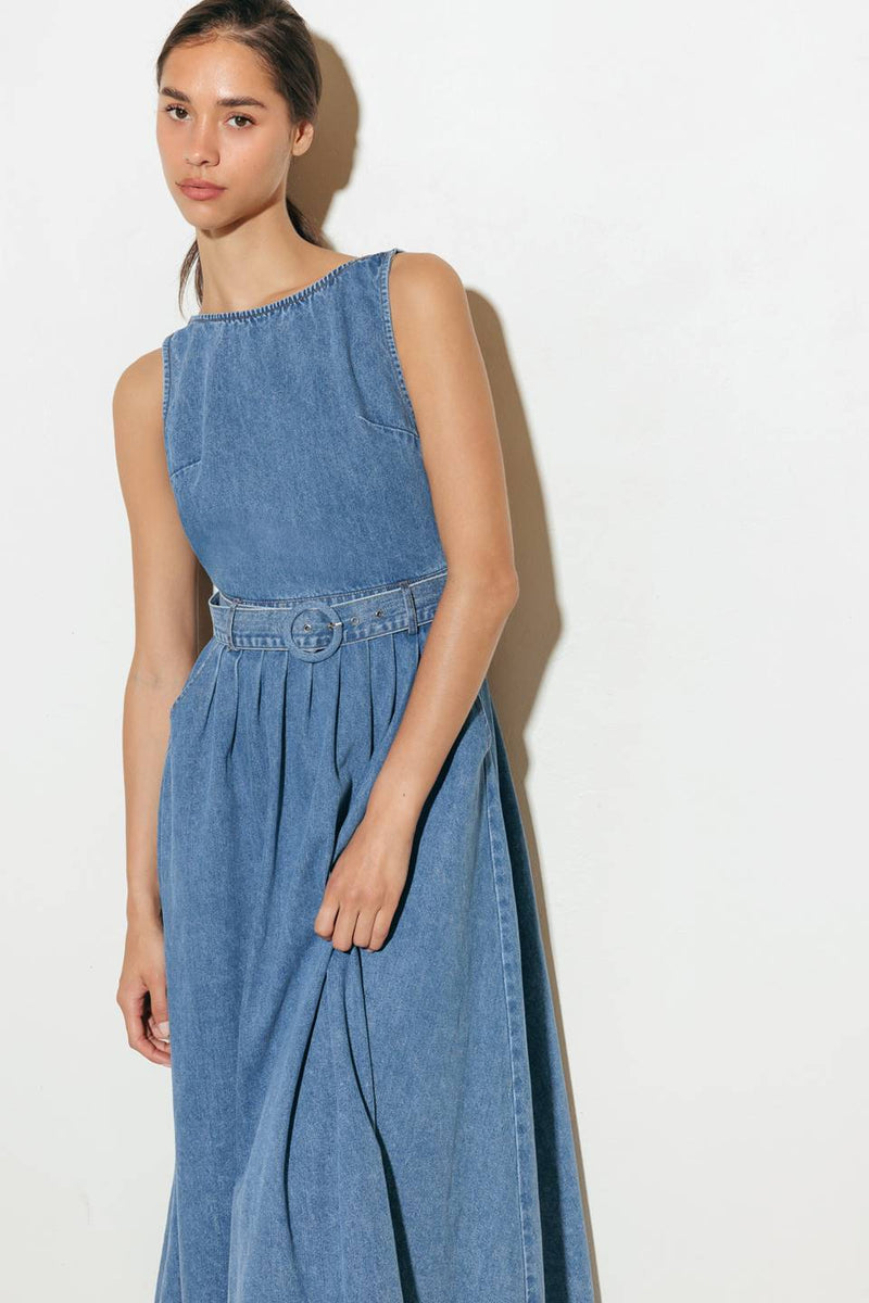Open Back Belted Denim Midi Dress