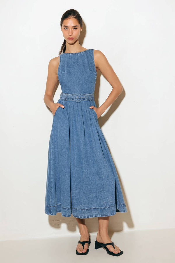Open Back Belted Denim Midi Dress Small Open Back Belted Denim Midi Dress Small