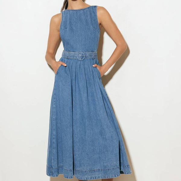 Open Back Belted Denim Midi Dress – voglio.us