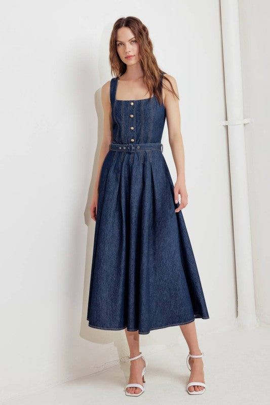 Belted Button-Front Denim Midi Dress