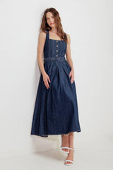 Belted Button-Front Denim Midi Dress