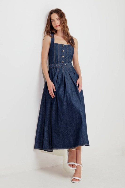 Belted Button-Front Denim Midi Dress