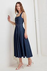 Belted Button-Front Denim Midi Dress