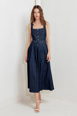 Belted Button-Front Denim Midi Dress
