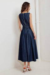 Belted Button-Front Denim Midi Dress