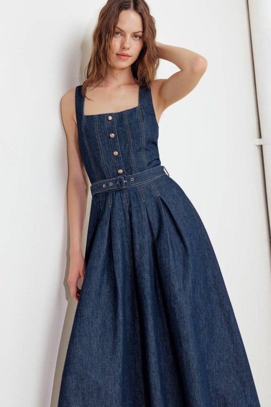 Belted Button-Front Denim Midi Dress