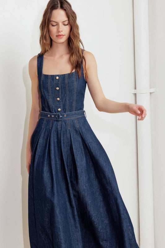 Belted Button-Front Denim Midi Dress