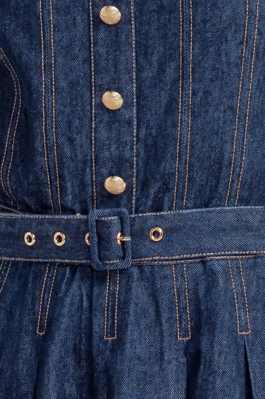Belted Button-Front Denim Midi Dress