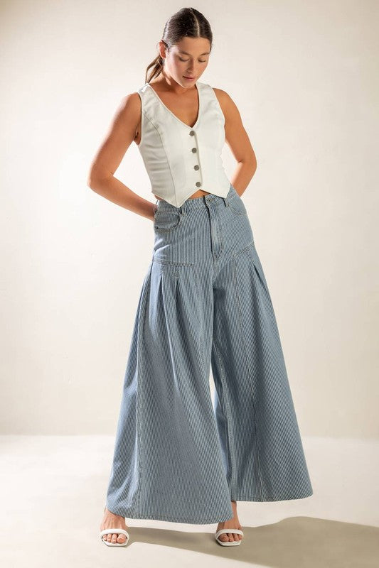 Striped Wide-Leg Denim Pants