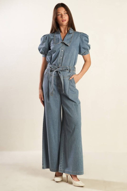 Belted Washed Light Denim Pant