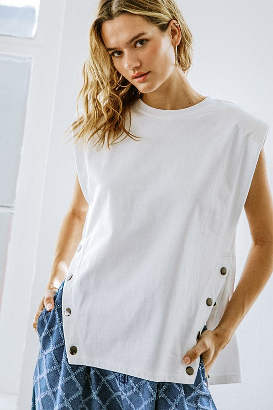 Side Snap Solid Knit Top (White, Black)