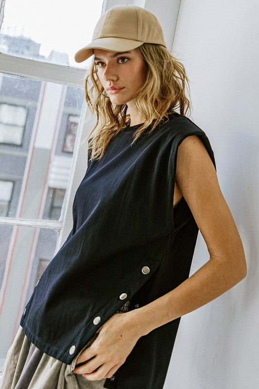Side Snap Solid Knit Top (White, Black)