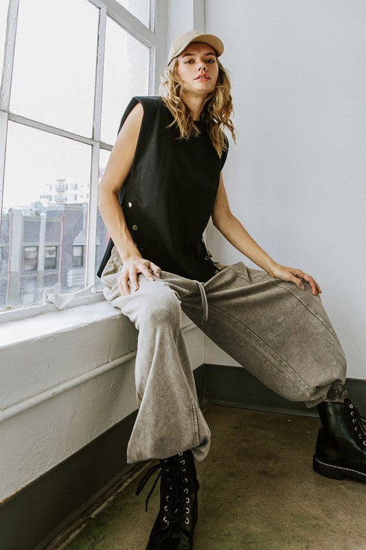 Side Snap Solid Knit Top (White, Black)