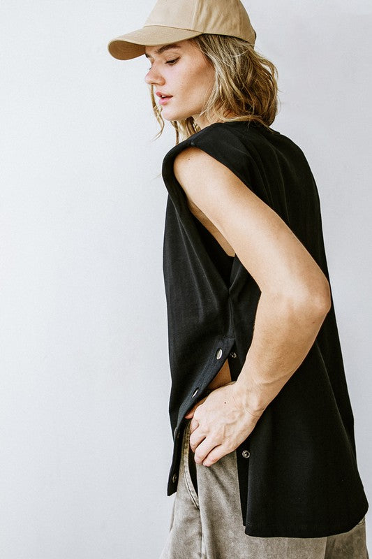 Side Snap Solid Knit Top (White, Black)
