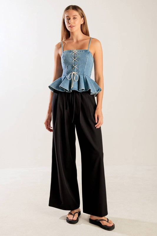 Lace-Up Denim Peplum Top